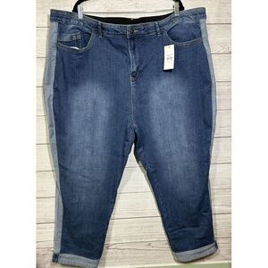 New Evans Woman's Blue Denim Cropped Jeans Size 32 Plus Stretch‎ Contrast Trim